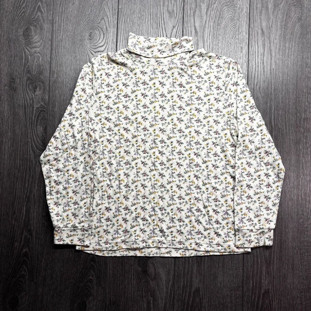 Vintage Hanes Her 1980s Floral Turtle Neck Long Sleeve Shirt Medium Cottage